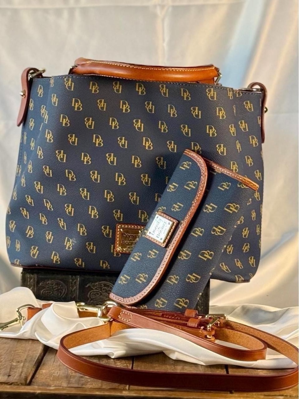 Dooney & Bourke Greta Brenna navy and brown leather satchel w/ matching wallet